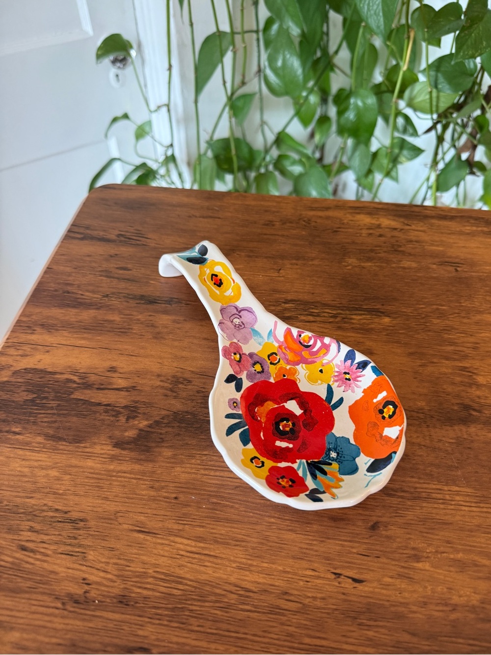 PIONEER WOMAN Red & Orange Floral Ceramic Spoon Rest
